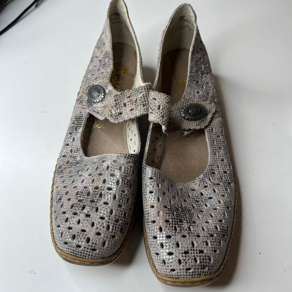 Rieker Antistress Doris Mary Jane flats, intricate laser-cut perforated pattern